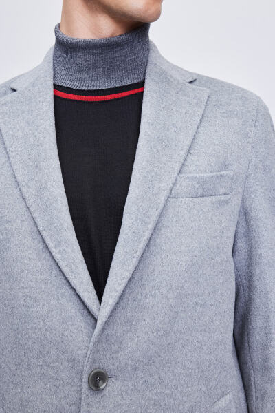 Gri Slim Fit Ceket Yaka Yünlü Kaşe Palto - 7