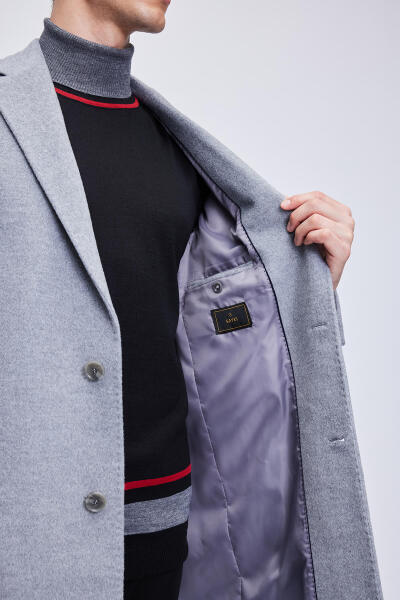 Gri Slim Fit Ceket Yaka Yünlü Kaşe Palto - 8