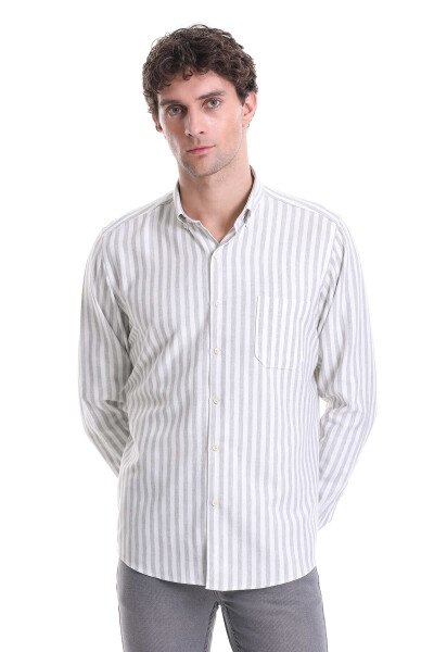 Gri Slim Fit Çizgili Dik Yaka Pamuklu Uzun Kollu Casual Gömlek 