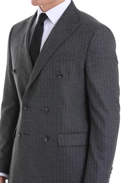 Gri Slim Fit Çizgili Klasik Kruvaze Takım Elbise - 5