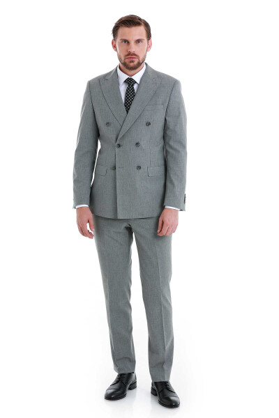 Gri Slim Fit Çizgili Kruvaze Takım Elbise - 4