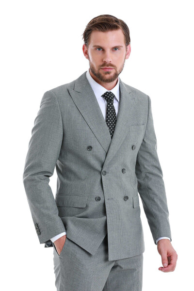 Gri Slim Fit Çizgili Kruvaze Takım Elbise - 5