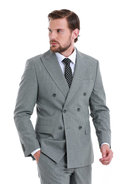 Gri Slim Fit Çizgili Kruvaze Takım Elbise - 6