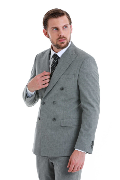 Gri Slim Fit Çizgili Kruvaze Takım Elbise - 7