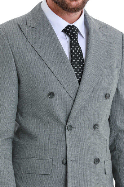 Gri Slim Fit Çizgili Kruvaze Takım Elbise - 8