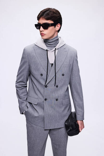 Gri Slim Fit Çizgili Kruvaze Takım Elbise - 3