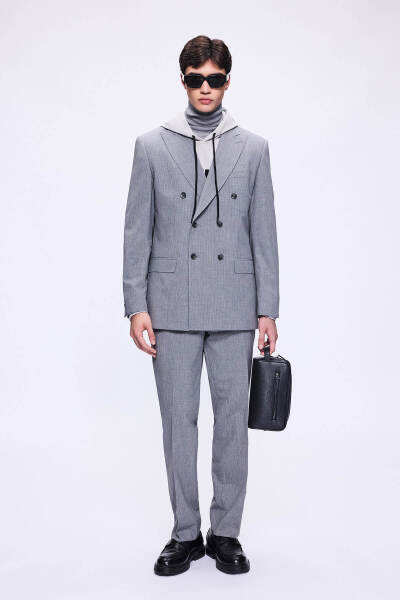 Gri Slim Fit Çizgili Kruvaze Takım Elbise - 2