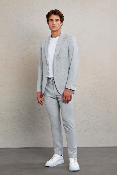 Gri Slim Fit Çizgili Mono Yaka Casual Takım Elbise 