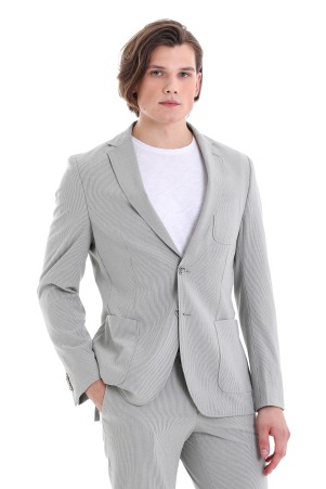 Gri Slim Fit Çizgili Mono Yaka Klasik Takım Elbise - Thumbnail