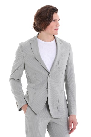 Gri Slim Fit Çizgili Mono Yaka Klasik Takım Elbise - Thumbnail