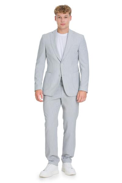 Gri Slim Fit Çizgili Mono Yaka Takım Elbise - 7