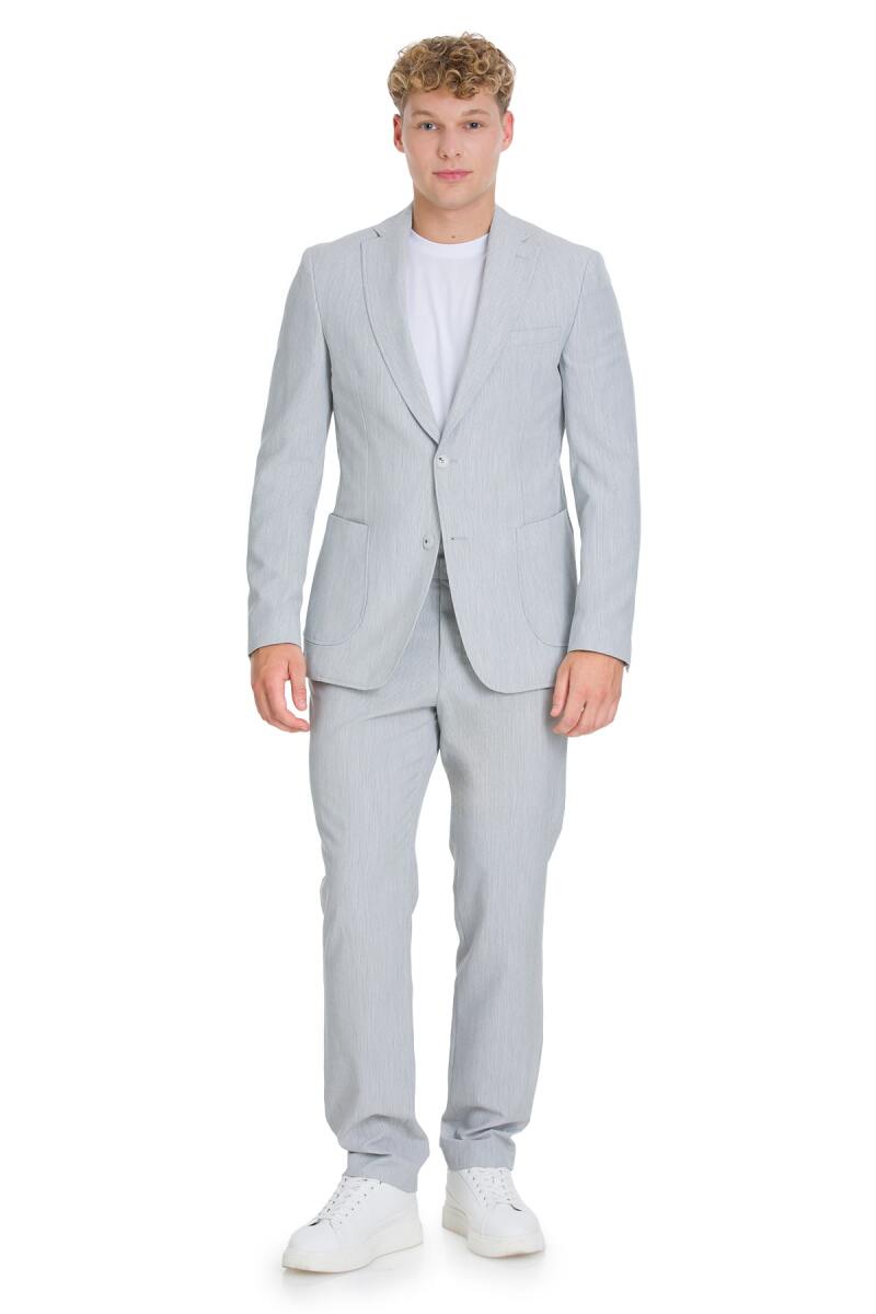 Gri Slim Fit Çizgili Mono Yaka Takım Elbise - HTML