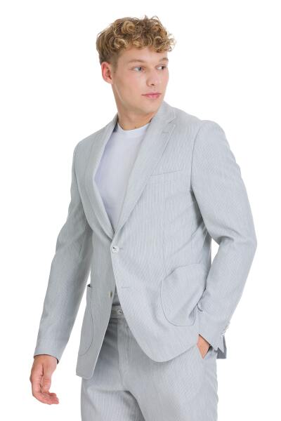 Gri Slim Fit Çizgili Mono Yaka Takım Elbise - 3