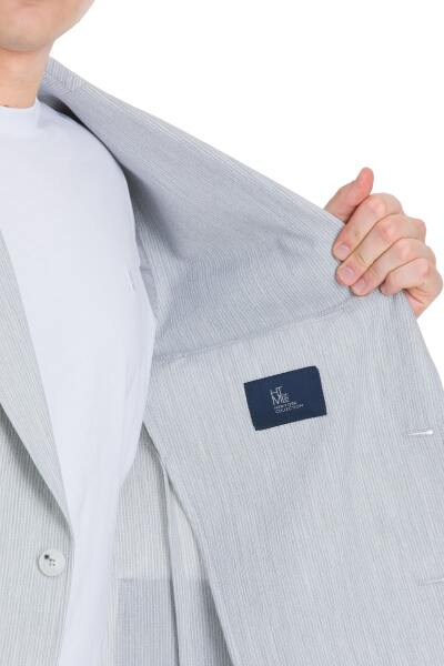 Gri Slim Fit Çizgili Mono Yaka Takım Elbise - 5