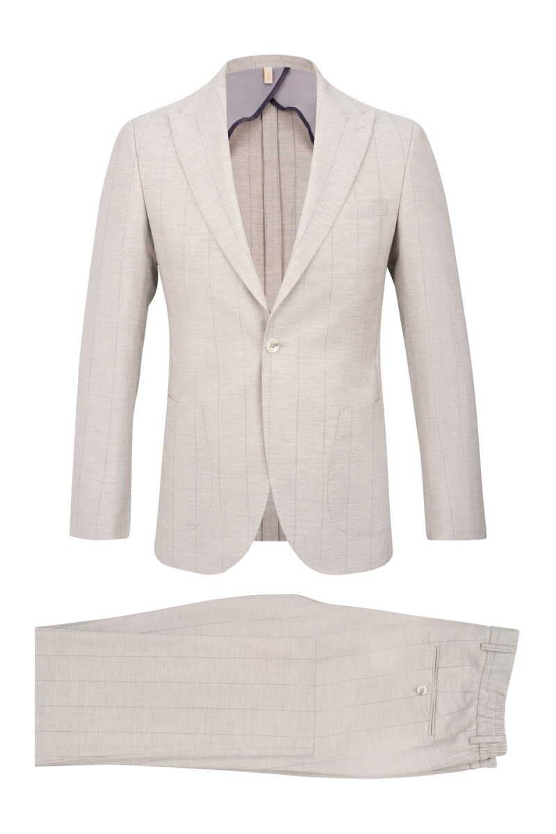 Gri Slim Fit Çizgili Sivri Yaka Keten Casual Takım Elbise