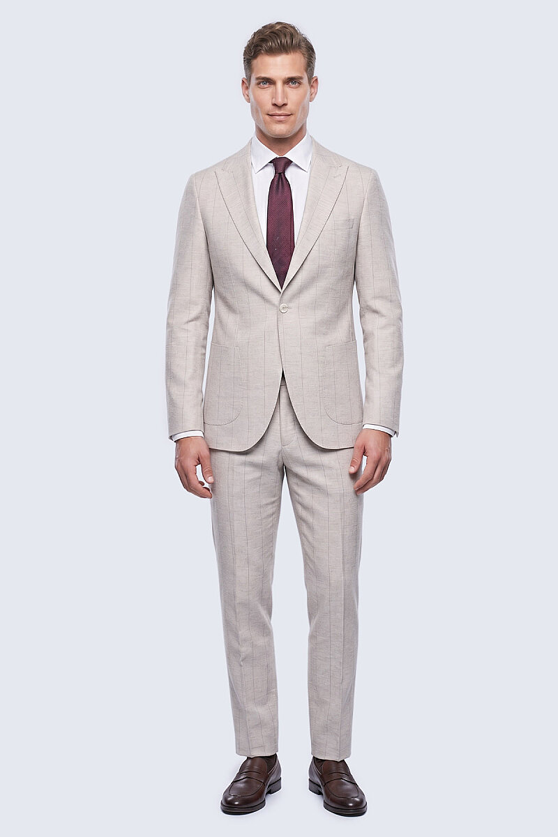 Gri Slim Fit Çizgili Sivri Yaka Keten Casual Takım Elbise