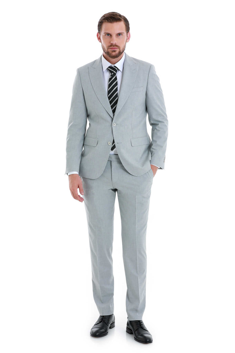 Gri Slim Fit Çizgili Sivri Yaka Klasik Takım Elbise - Hatem Saykı