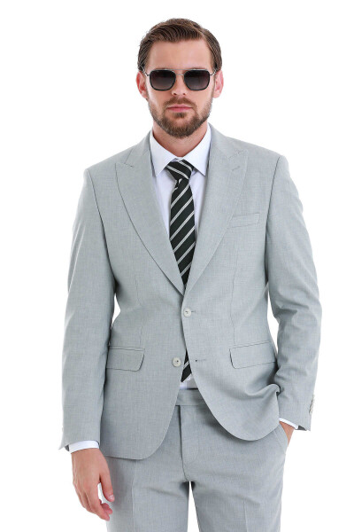 Gri Slim Fit Çizgili Sivri Yaka Klasik Takım Elbise - 2