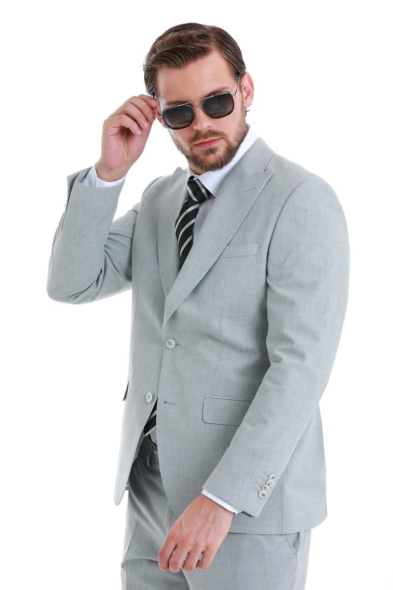 Gri Slim Fit Çizgili Sivri Yaka Klasik Takım Elbise - Hatem Saykı (1)