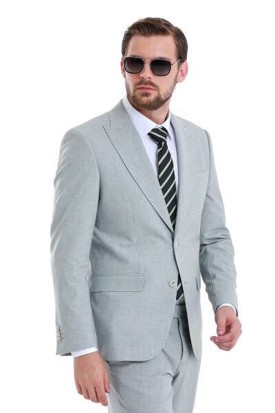 Gri Slim Fit Çizgili Sivri Yaka Klasik Takım Elbise - 4