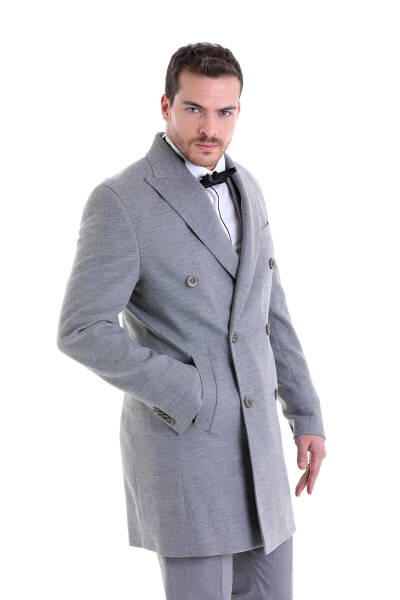 Gri Slim Fit Çizgili Sivri Yaka Kruvaze Palto - 3