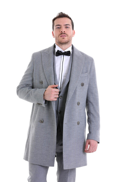 Gri Slim Fit Çizgili Sivri Yaka Kruvaze Palto - 5