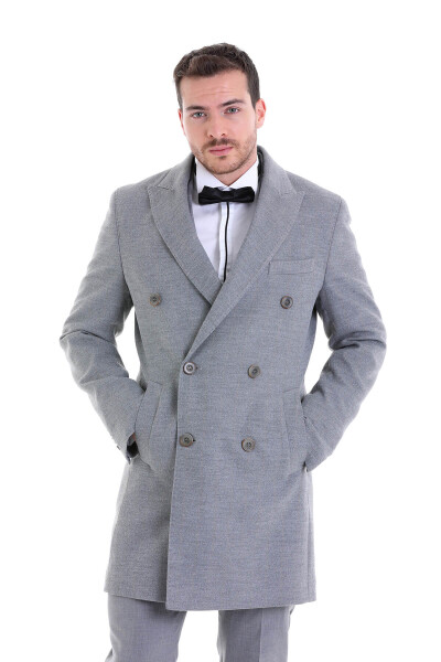 Gri Slim Fit Çizgili Sivri Yaka Kruvaze Palto - 2