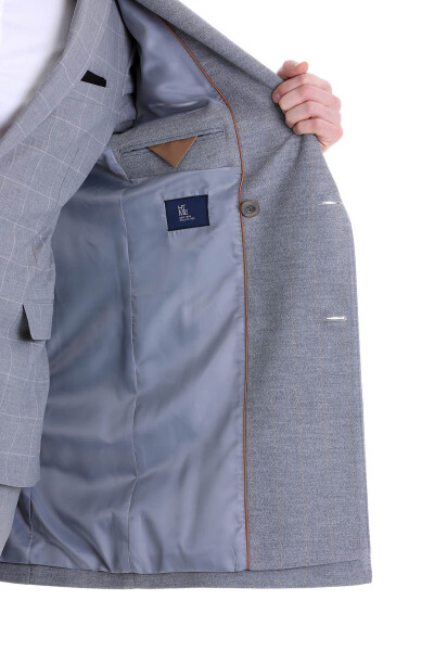 Gri Slim Fit Çizgili Sivri Yaka Kruvaze Palto - 12