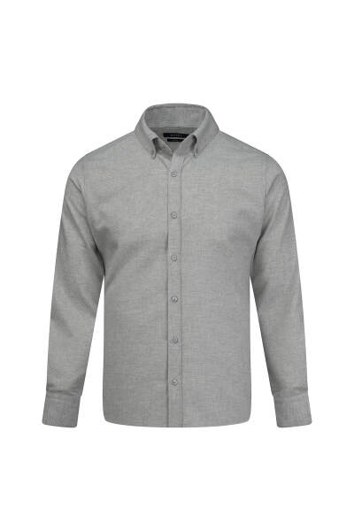 Gri Slim Fit Düğmeli Yaka Pamuklu Uzun Kollu Spor Gömlek 