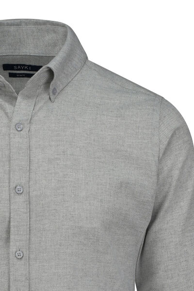 Gri Slim Fit Düğmeli Yaka Pamuklu Uzun Kollu Spor Gömlek - 2