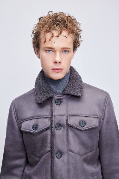 Gri Slim Fit Bebe Yaka Kürklü Deri Mont - 2