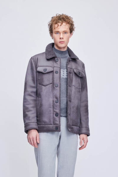 Gri Slim Fit Bebe Yaka Kürklü Deri Mont - 3