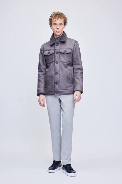 Gri Slim Fit Bebe Yaka Kürklü Deri Mont - 4
