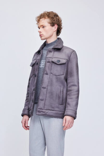 Gri Slim Fit Bebe Yaka Kürklü Deri Mont - 5