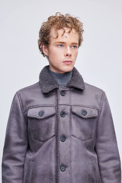 Gri Slim Fit Bebe Yaka Kürklü Deri Mont - 6