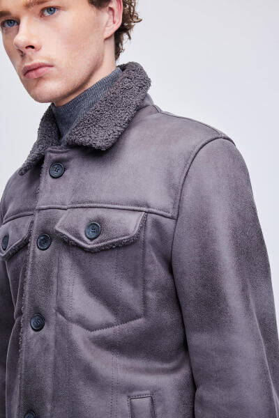Gri Slim Fit Bebe Yaka Kürklü Deri Mont - 7
