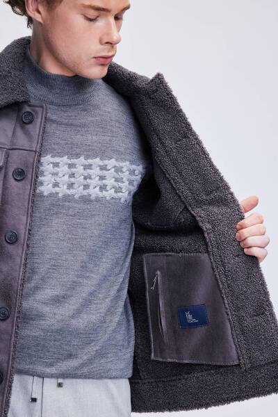 Gri Slim Fit Bebe Yaka Kürklü Deri Mont - 8