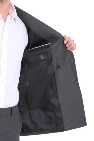 Gri Slim Fit Düz Kruvaze Klasik Takım Elbise - Thumbnail