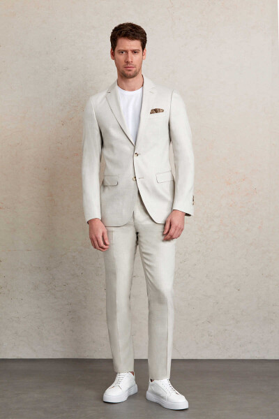 Gri Slim Fit Mono Yaka Casual Keten Takım Elbise - 8