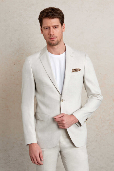 Gri Slim Fit Mono Yaka Casual Keten Takım Elbise - 2