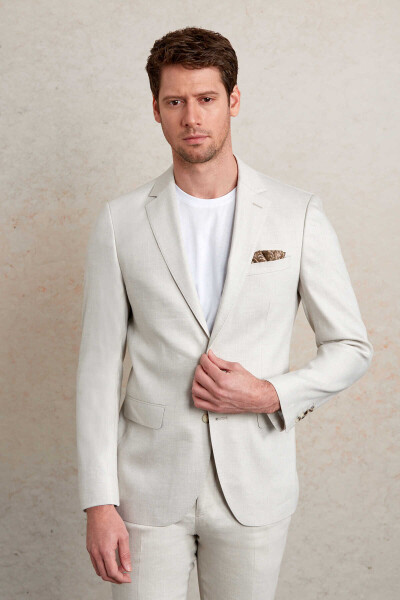 Gri Slim Fit Mono Yaka Casual Keten Takım Elbise - 4