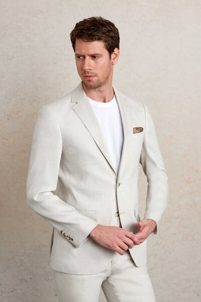 Gri Slim Fit Mono Yaka Casual Keten Takım Elbise - 7