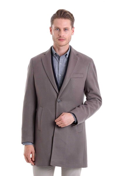 Gri Slim Fit Mono Yaka Yünlü Kaşe Palto - 7