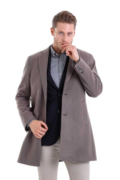 Gri Slim Fit Mono Yaka Yünlü Kaşe Palto - 8