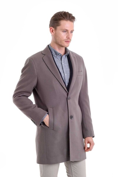 Gri Slim Fit Mono Yaka Yünlü Kaşe Palto - 9