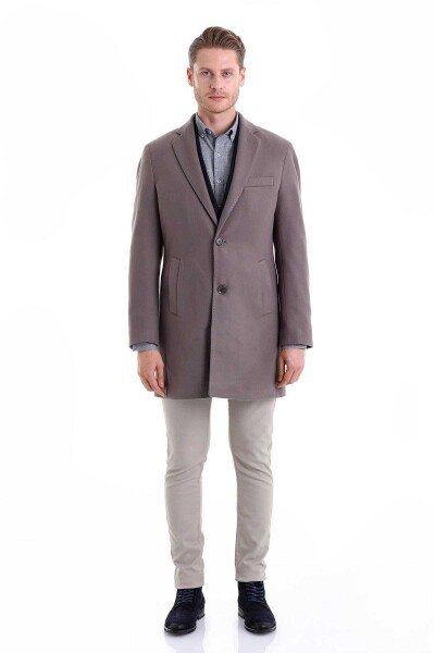 Gri Slim Fit Mono Yaka Yünlü Kaşe Palto - 10