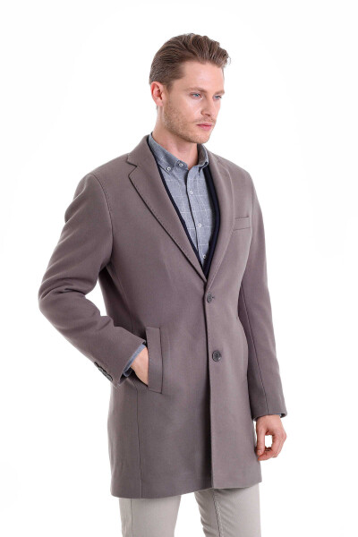 Gri Slim Fit Mono Yaka Yünlü Kaşe Palto - 3