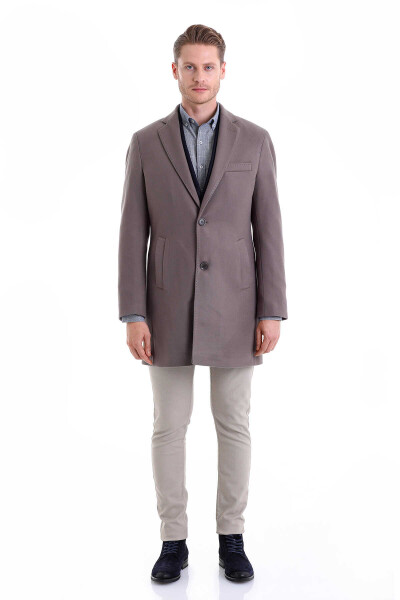 Gri Slim Fit Mono Yaka Yünlü Kaşe Palto - 4