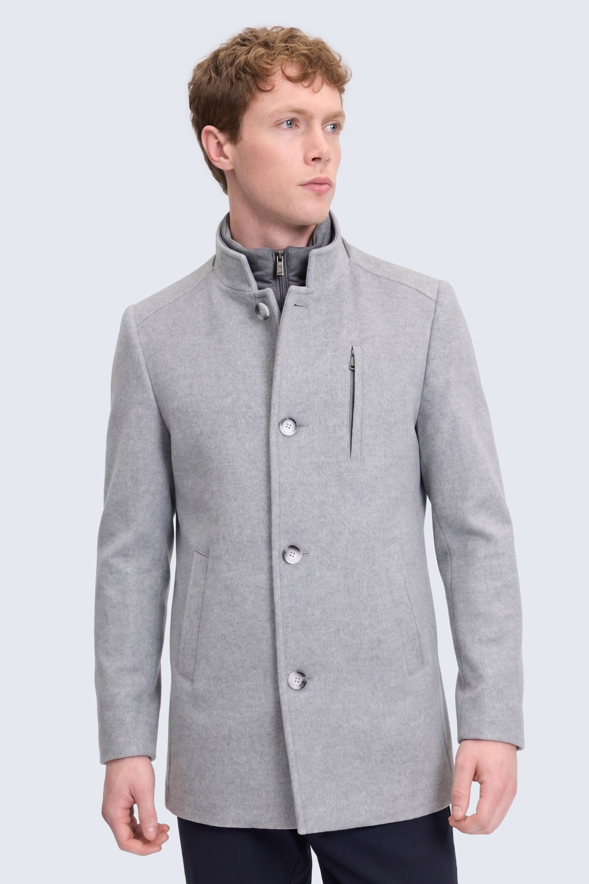 Gri Slim Fit Hakim Yaka Yünlü Basic Palto - 1