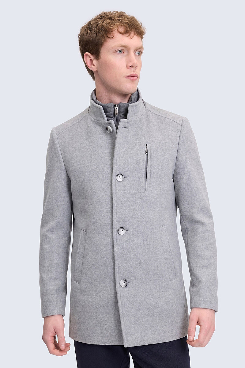 Gri Slim Fit Hakim Yaka Yünlü Basic Palto